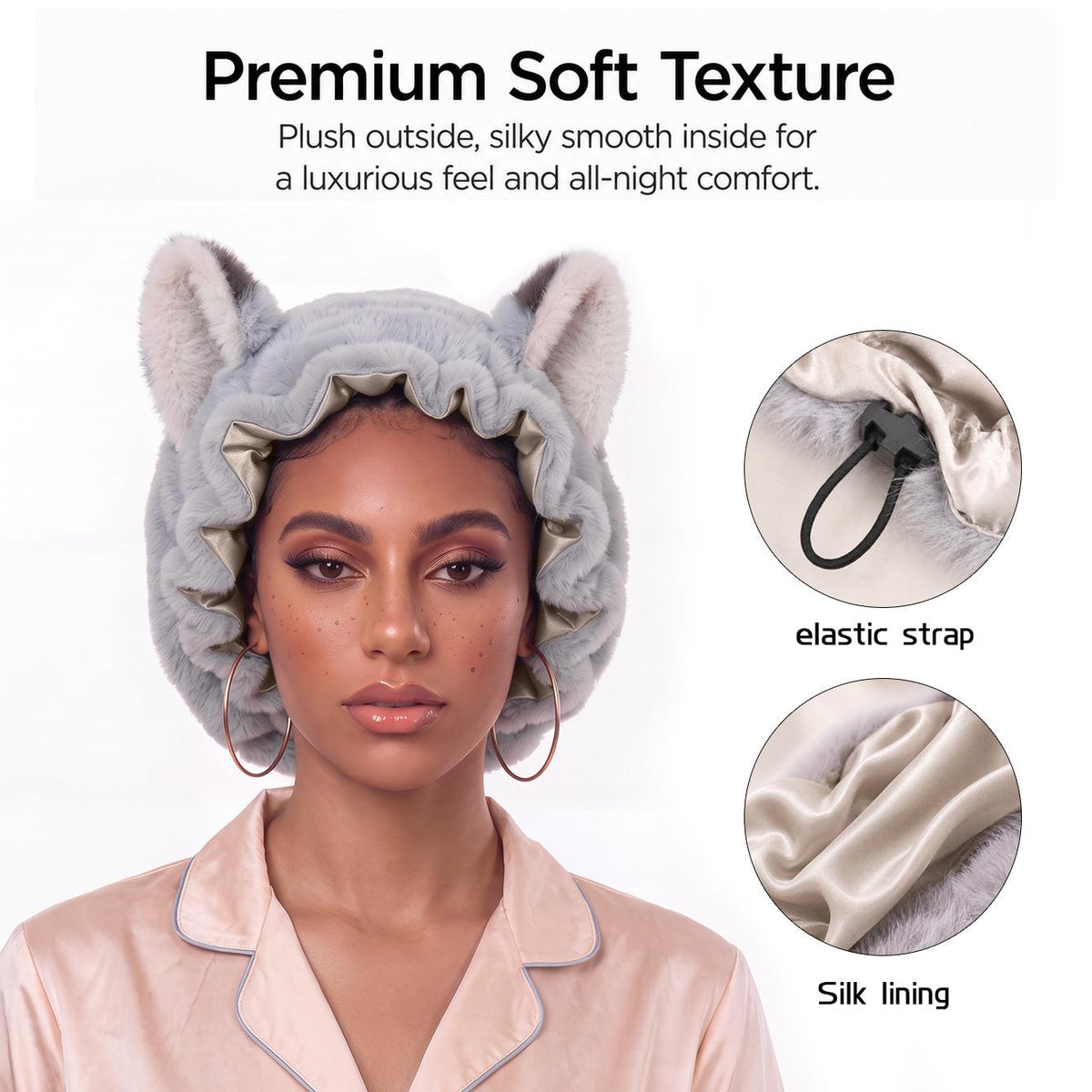 Plush outside, satin inside — elastic strap and silk lining detail