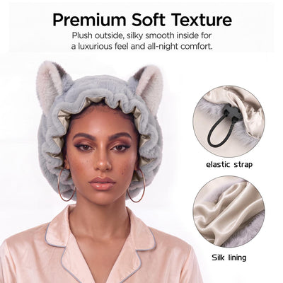 Plush outside, satin inside — elastic strap and silk lining detail