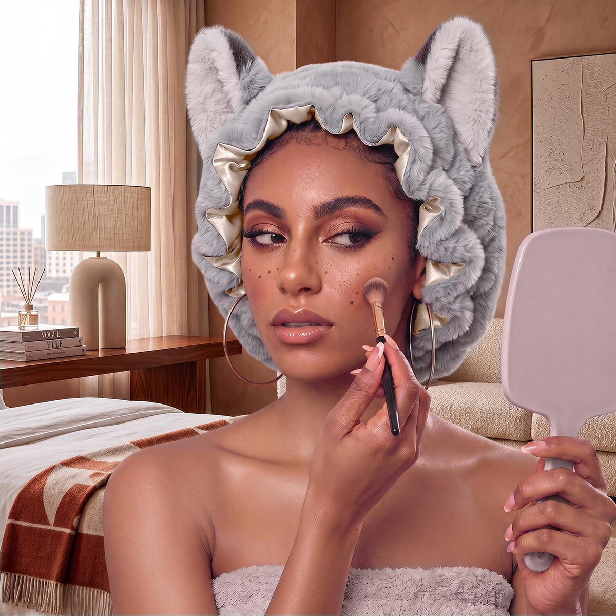 Woman wearing the Plush Satin Bonnet at her vanity