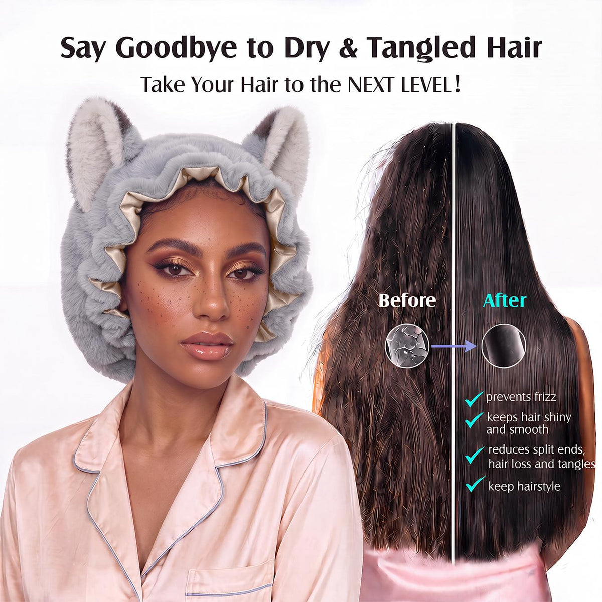 Before and after — frizz and tangle protection overnight