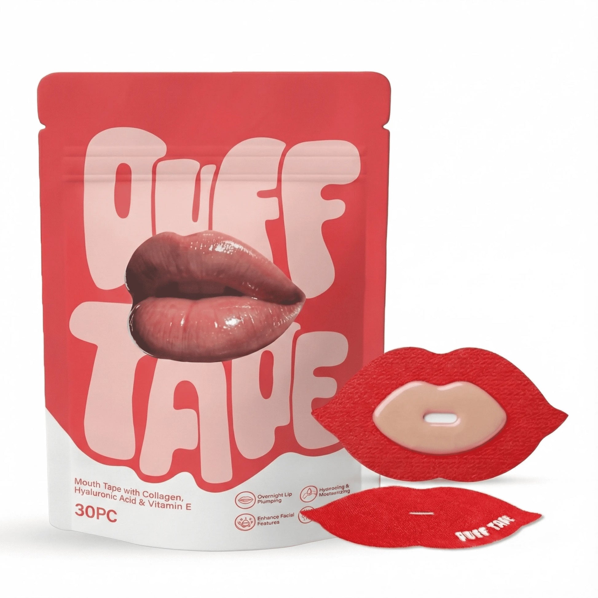 PUFF Tape — red pouch and lip-shaped sleep strips